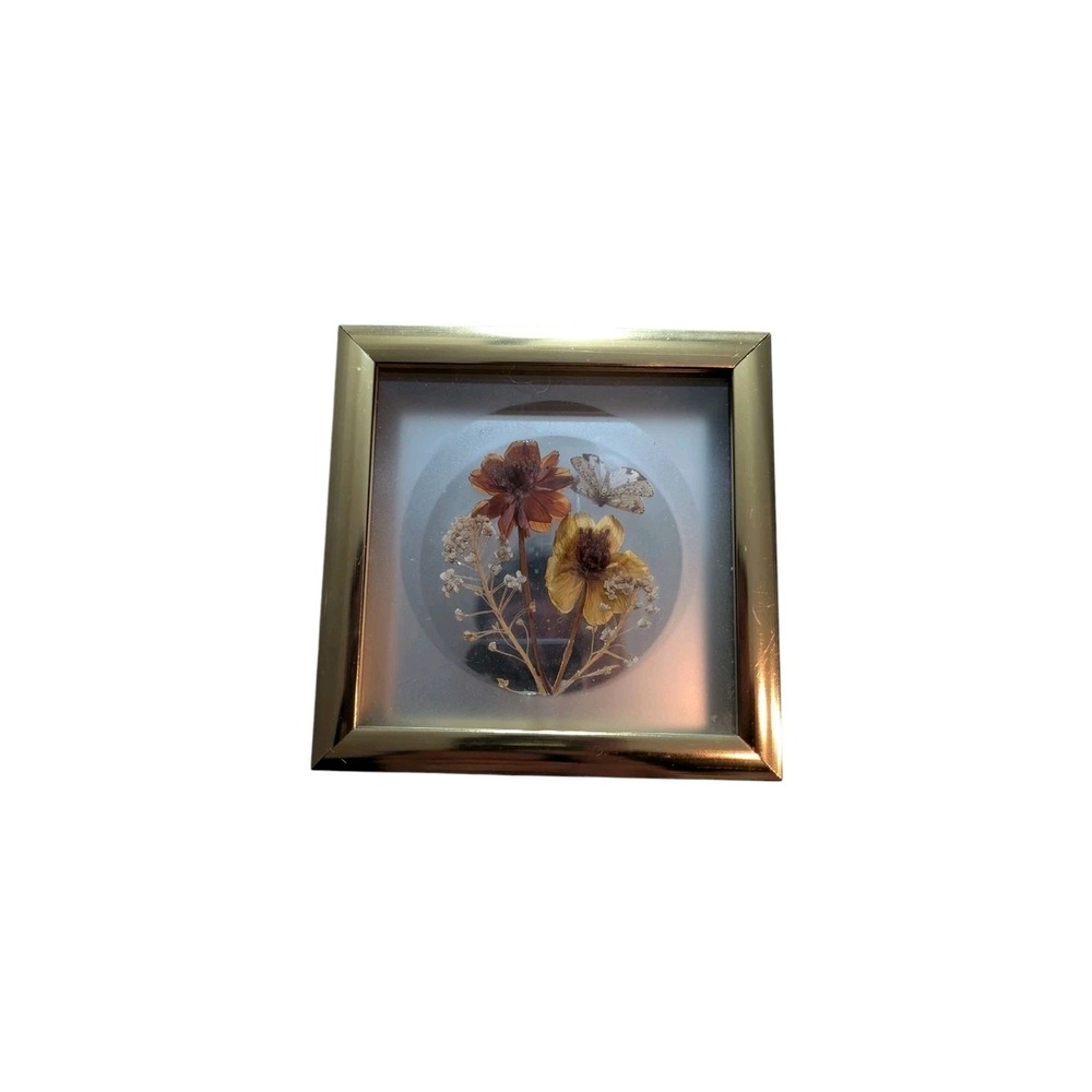 Vintage Pressed Dried Flower Art Reverse Glass Brass Metal Frame Retro Home...‎
